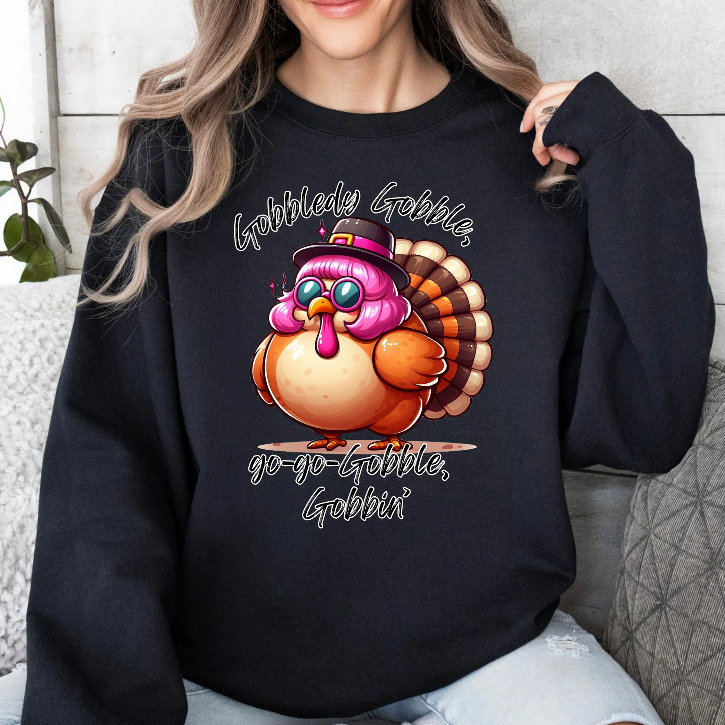 Gobbledy Gobble Pink Hair Turkey Funny Thanksgiving  Crewneck Pullover Sweatshirt