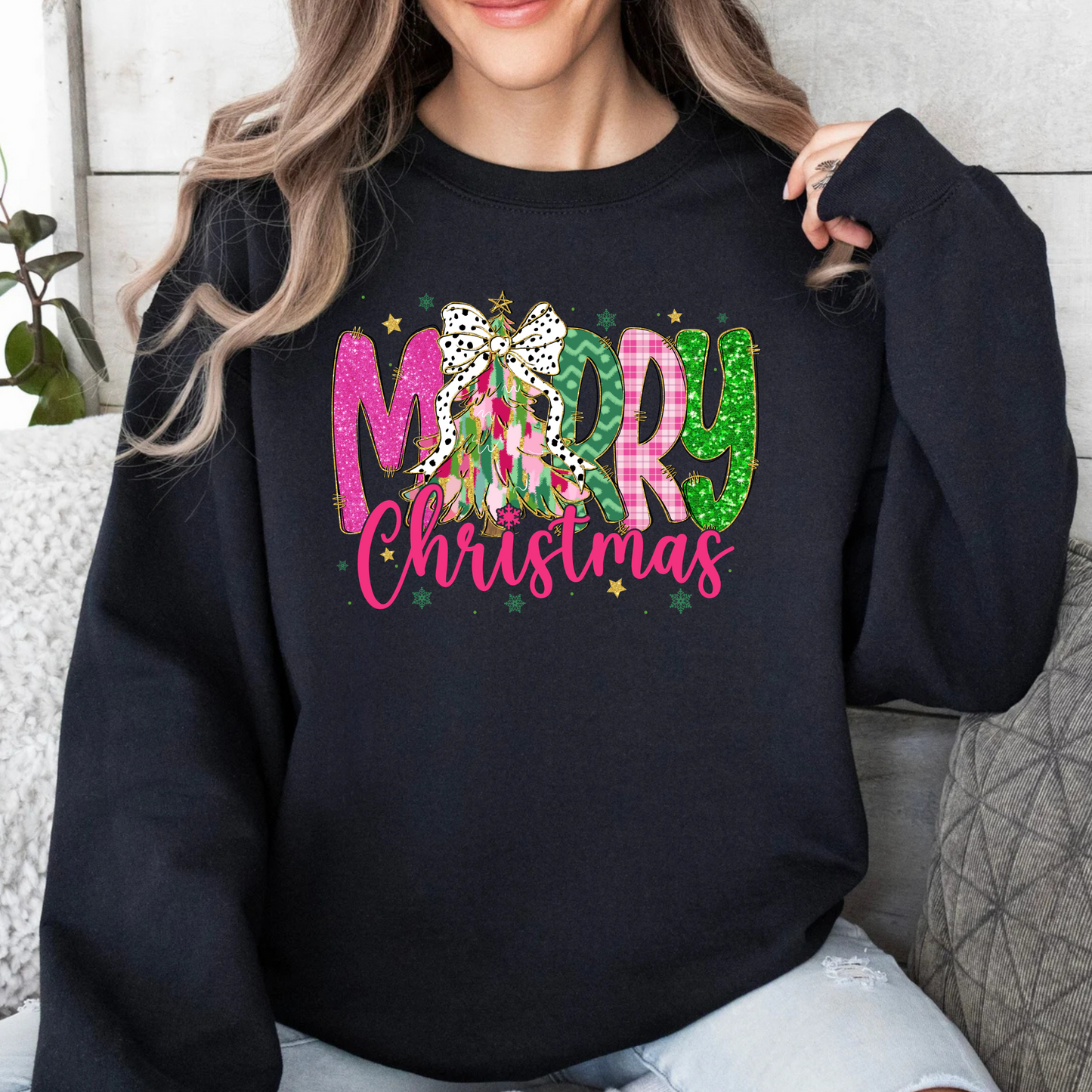 Merry Christmas Cute Coquette Bow Crewneck Pullover Sweatshirt