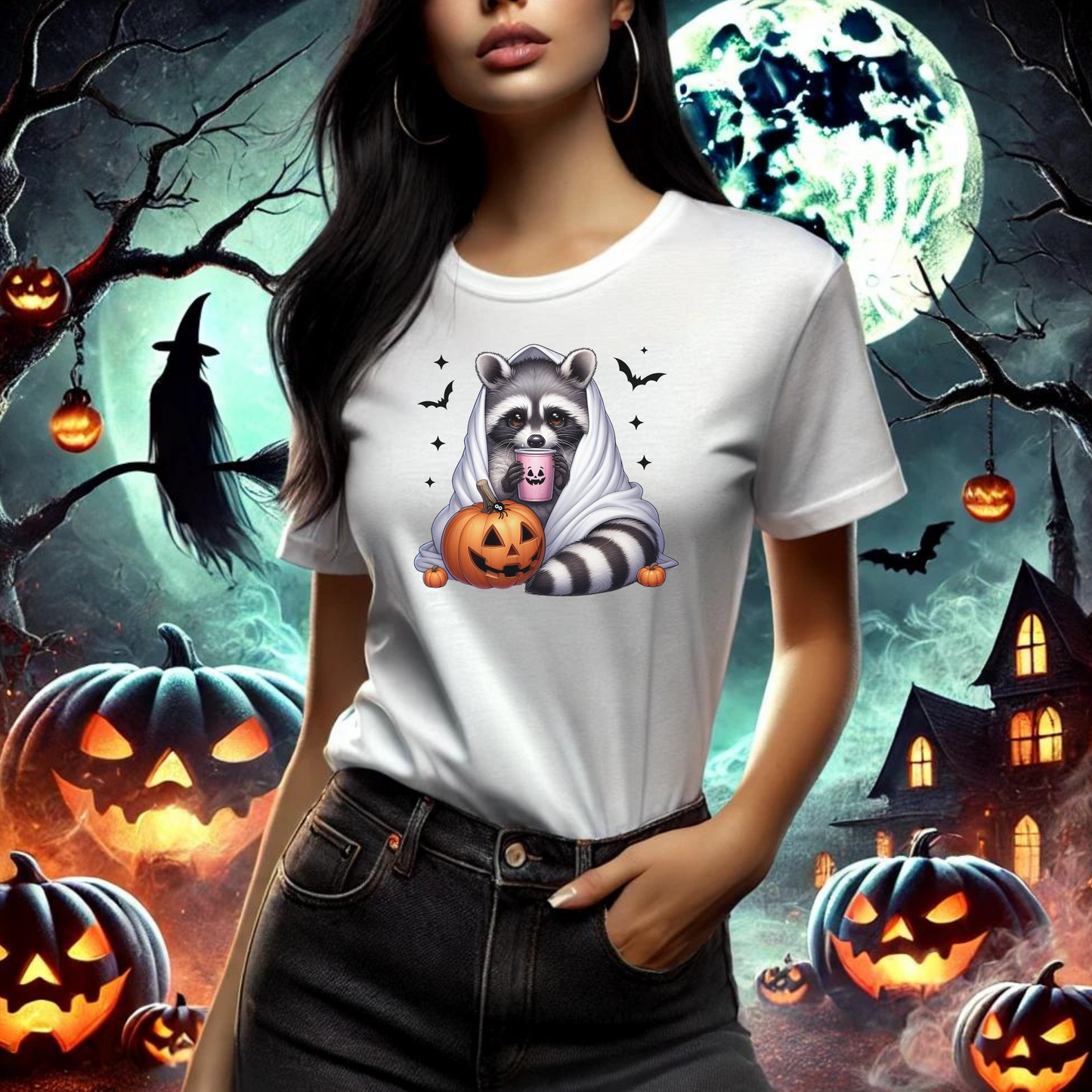 Racoon Cozy Coffee Pumpkin Ghost T-Shirt